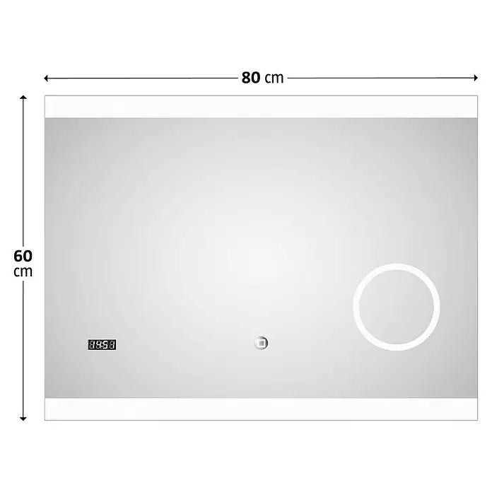 DSK Lichtspiegel Silver Shine 2.0 - 80 x 60 cm - Das Bild zeigt einen rechteckigen LED-beleuchteten Badezimmerspiegel mit den Maßen 80x60 cm, der eine digitale Uhr und einen runden Schminkbereich hat.