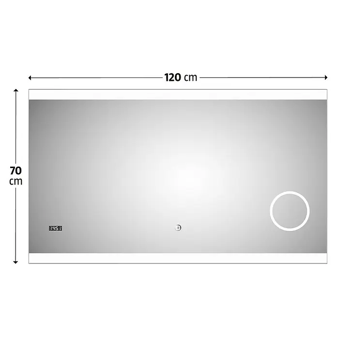 DSK Lichtspiegel Silver Shine 2.0 - 120 x 70 cm - Ein rechteckiger Spiegel mit den Maßen 120 cm x 70 cm, der sich ideal für Badezimmer eignet, mit integriertem Licht und digitaler Anzeige.