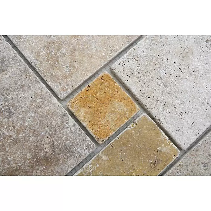 Mosaikfliese Mix Travertine XNT 40602 - 30,5 x 30,5 cm, Beige, Matt - Poröse Naturstein-Mosaikfliesen in variierenden Erdtönen: Beige, Braun und Gelb-Orange.