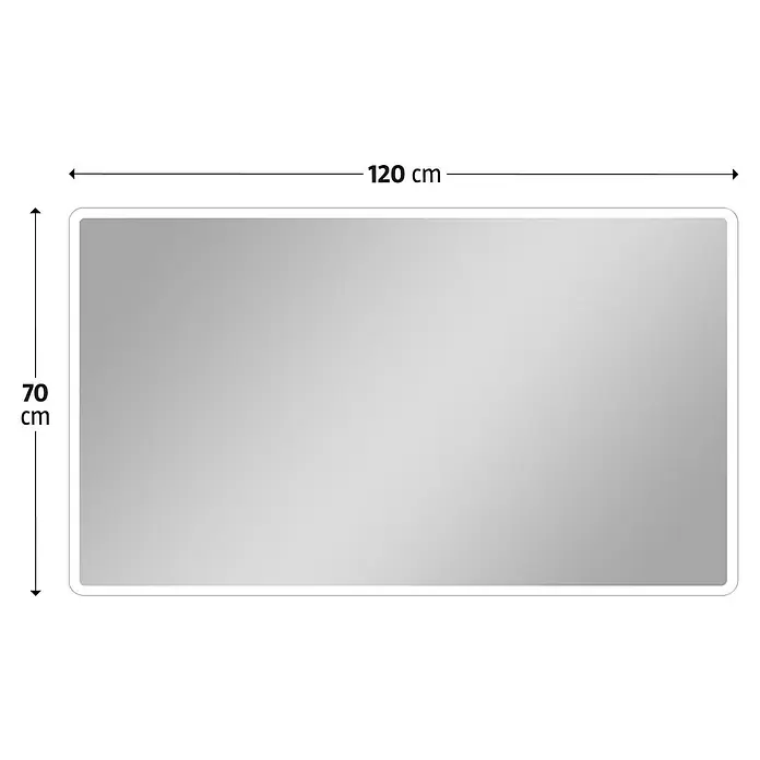 DSK Lichtspiegel Silver Luna - 120 x 70 cm - Abbildung eines rechteckigen Spiegels mit abgerundeten Ecken und den Maßen 120 cm Breite und 70 cm Höhe.