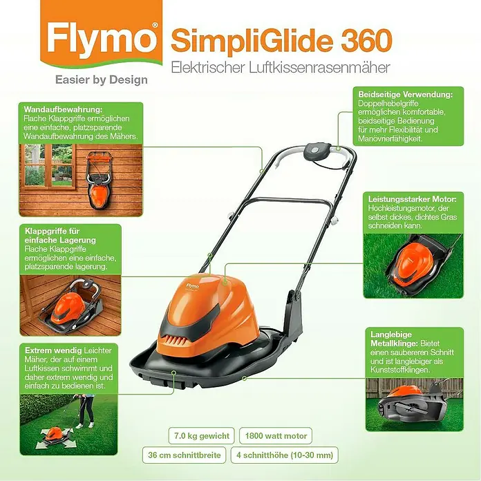 Flymo Elektro-Luftkissenmäher SimpliGlide 360 - Schnittbreite: 36 cm - Flymo SimpliGlide 360 Elektrischer Luftkissenrasenmäher mit Klappgriffen für einfache Lagerung und Wandaufbewahrung, leicht und wendig.