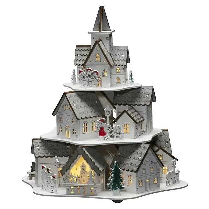 Konstsmide LED-Szenerie Häuser - L x B x H: 25,5 x 23 x 27,5 cm, Weiß, Batteriebetrieben, LED - Gestuftes weißes Holz-Weihnachtsdorf mit grauen Dächern und beleuchteten Fenstern, mit festlichen Figuren und einer zentralen Kirche.