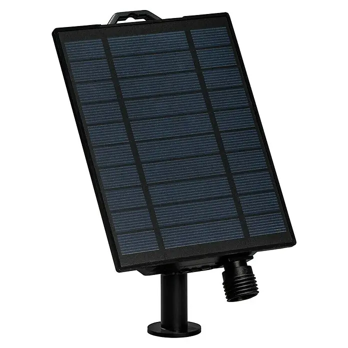 Konstsmide Solar-Batteriebox - 2,5 x 11 x 14 cm - Nahaufnahme eines schwarzen Solarpanels mit mehreren rechteckigen Zellen, montiert auf einem Sockel mit Kabelanschluss.