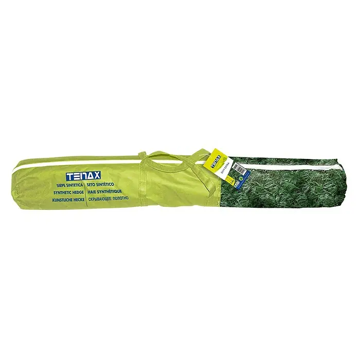 Ocultación Seto Artificial Extra - Verde, L x Al: 3 x 1 m - Un seto sintético Tenax dentro de una bolsa de transporte verde con detalles blancos, ideal para exteriores.