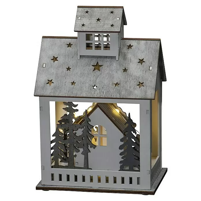Konstsmide LED-Szenerie Haus mit Tannen - L x B x H: 15,7 x 11 x 23,5 cm, Weiß, Batteriebetrieben, LED - Diagonale Ansicht