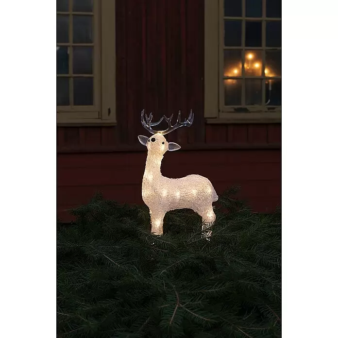 Konstsmide LED-Weihnachtsdekofigur LED Acryl - 19 x 14 x 31,5 cm, Farblos, Batteriebetrieben, LED, Rentier - Weiße, durchscheinende, beleuchtete Hirsch-Weihnachtsdekoration auf Tannenzweigen.