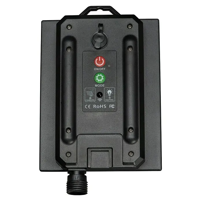 Konstsmide Solar-Batteriebox - 2,5 x 11 x 14 cm - Nahaufnahme der Rückseite eines schwarzen Solarmoduls mit Bedienelementen und Anschlüssen.