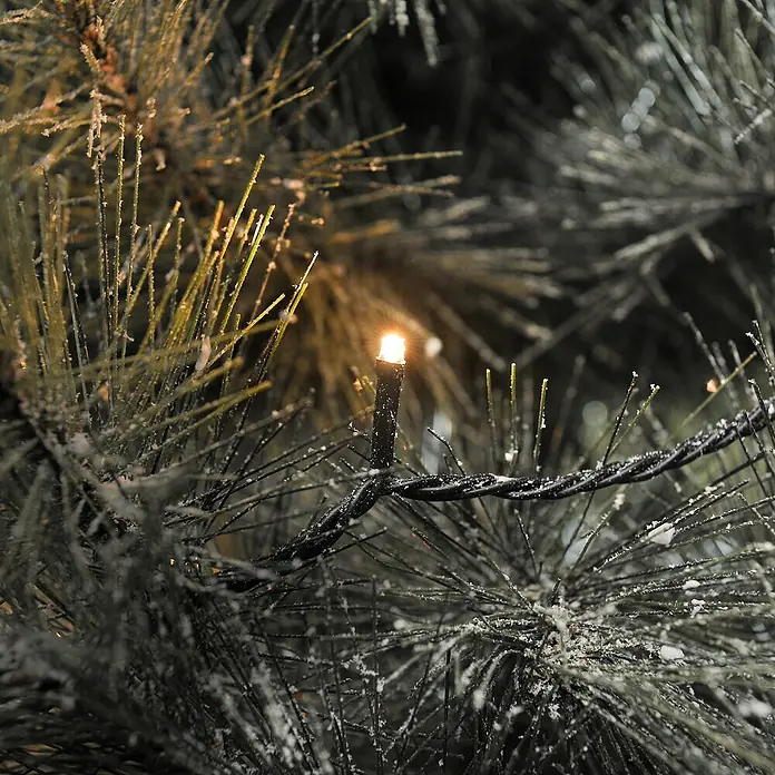 Konstsmide LED-Lichterkette - Außen, Lichtfarbe: Bernstein, Anzahl Leuchtmittel: 200 Stk., Solarbetrieben - Nahaufnahme von LED-Lichterkette auf einem künstlichen Weihnachtsbaum, die eine warme und festliche Atmosphäre erzeugt.\n