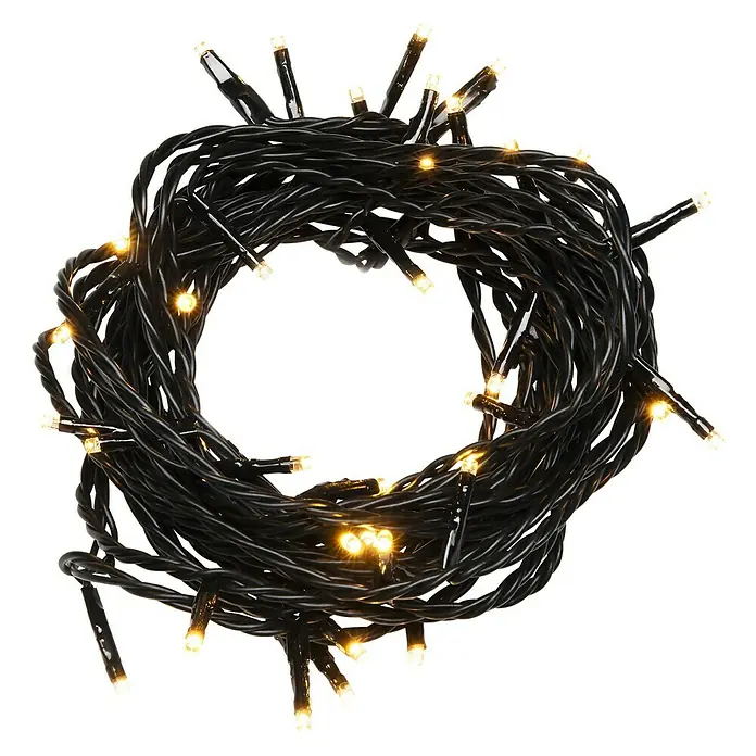 Konstsmide LED-Lichterkette - Außen, Lichtfarbe: Bernstein, Anzahl Leuchtmittel: 200 Stk., Solarbetrieben - Lichterkette mit schwarzen Kabeln und warmweiß leuchtenden LED-Lichtern, aufgerollt für eine einfache Lagerung und Dekoration.