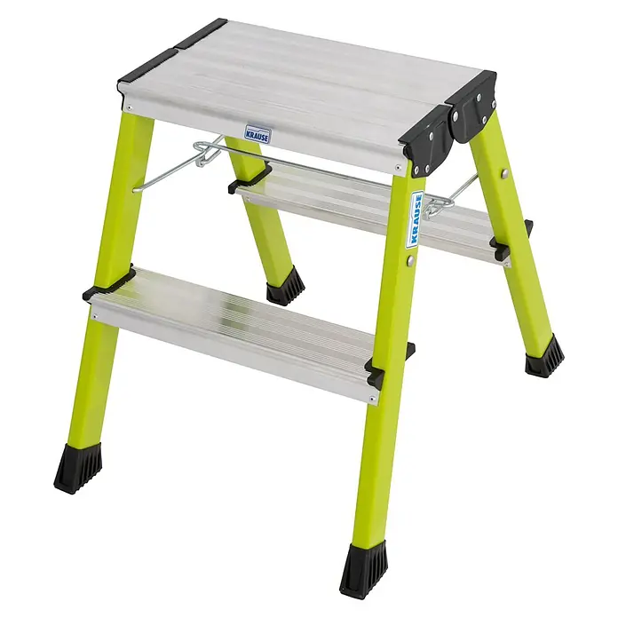 Krause Monto Klapptritt Rolly - Anzahl Tritte: 4 Stk., Arbeitshöhe: 2,45 m, Belastbarkeit: 150 kg, Aluminium, Grün - Zweistufige Krause-Leiter mit grünem Gestell und silbernen Stufen. Ideal für den Innen- und Außenbereich.