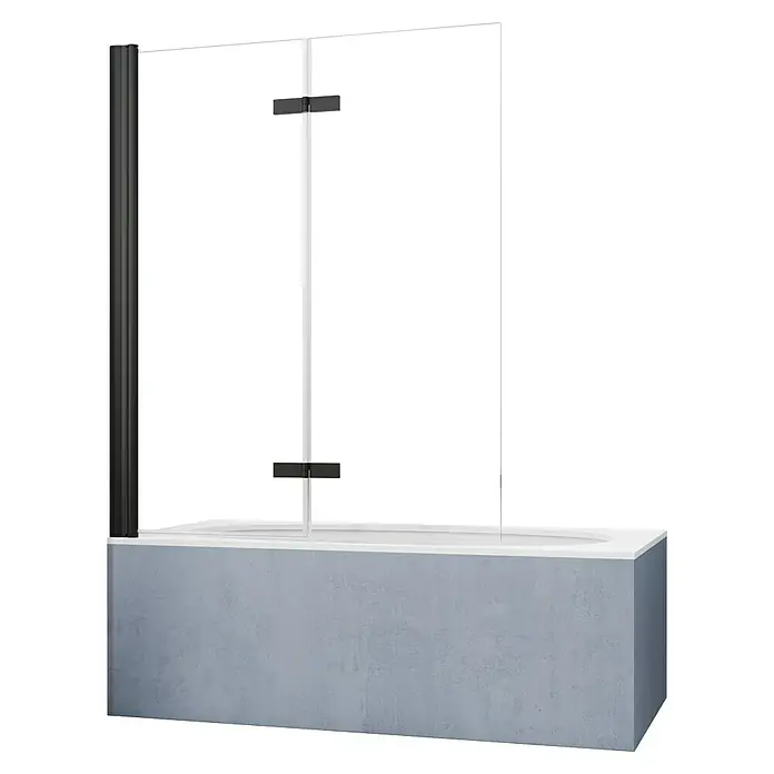 GEO Hit Pro Badewannenaufsatz B-PB400 - B x H: 140 x 150 cm, 2 Stk., Schwarz, DIN Anschlag: Links - Moderne Duschabtrennung aus Glas mit schwarzen Akzenten. Die Duschwand ist auf einer grauen Badewanne montiert.