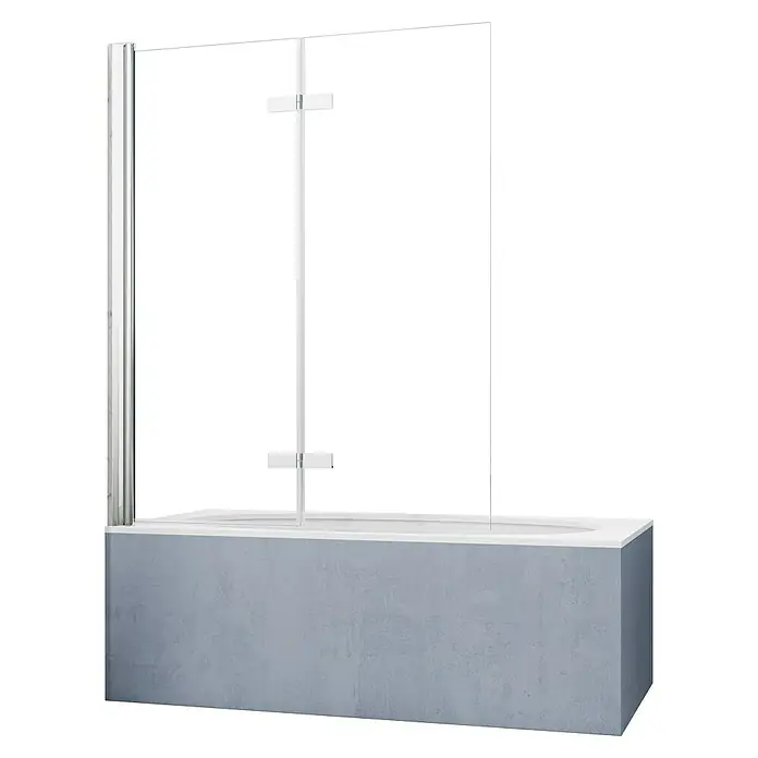 GEO Hit Pro Badewannenaufsatz B-PB400 - B x H: 140 x 150 cm, 2 Stk., Chrom, DIN Anschlag: Links - Duschabtrennung aus Glas mit grauem Badewannenrahmen. Die Duschwand bietet Spritzschutz und ein modernes Design.