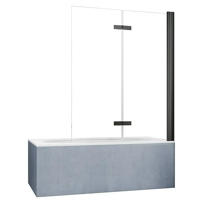 GEO Hit Pro Badewannenaufsatz B-PB400B x H: 140 x 150 cm, 2 Stk., Schwarz, DIN Anschlag: Rechts - Das Bild zeigt eine moderne Badewanne mit einer Duschwand aus Glas und einem stilvollen, grauen Wannenträger. Die Duschwand sorgt für Schutz beim Duschen.