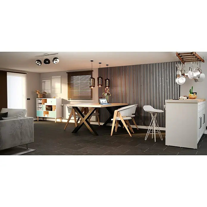 Atlas Concorde Solution Valmalenco Feinsteinzeugfliese Anthrazit - 30 x 60 cm, Anthrazit, Matt - Helle, moderne Esszimmereinrichtung mit Holztisch, Stühlen und einer stilvollen Kücheninsel unter einer hölzernen Hängevorrichtung.