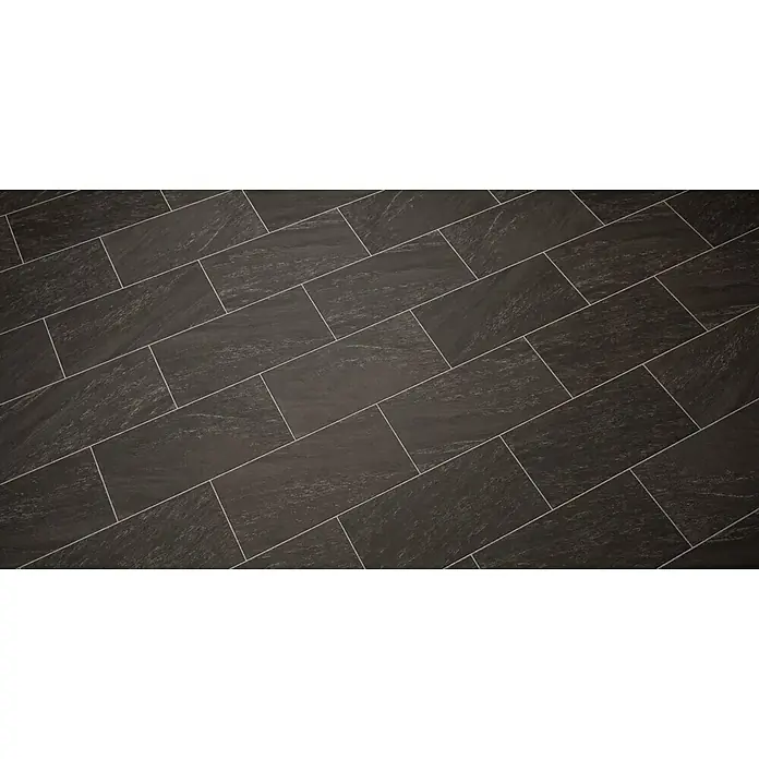 Atlas Concorde Solution Valmalenco Feinsteinzeugfliese Anthrazit - 30 x 60 cm, Anthrazit, Matt - Nahaufnahme eines gefliesten Bodens mit dunklen, rechteckigen Fliesen und hellen Fugenlinien. Ein elegantes Bodenbelagsmuster für moderne Innenräume.