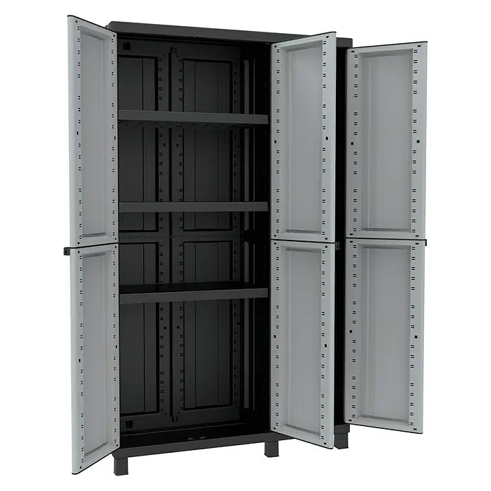 Terry Kunststoff-Mehrzweckschrank Twist Black 102A - L x B x H: 39 x 102 x 170 cm - Geräumiger schwarzer Mehrzweckschrank mit offenen grauen Türen und mehreren Regalen für vielseitige Aufbewahrungsmöglichkeiten.