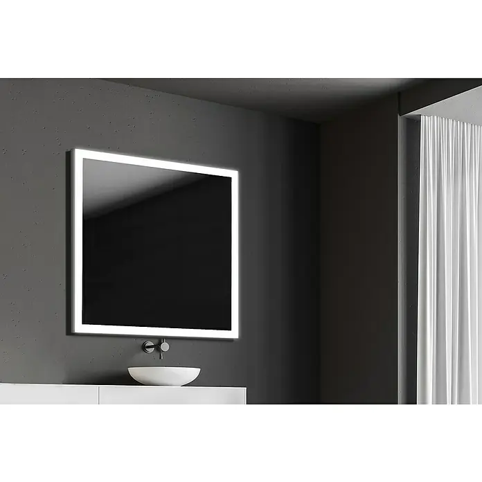 Camargue Espejo con luz Anais - 100 x 80 cm, Plateado - Un espejo cuadrado con iluminación LED cuelga sobre un lavabo moderno, combinando diseño y funcionalidad en el entorno del baño.