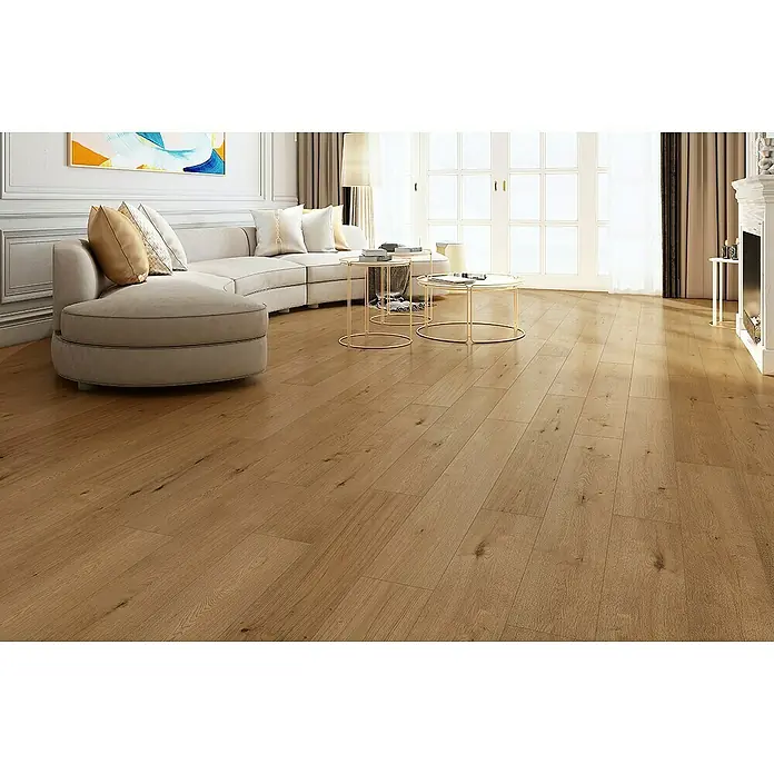 Classen Designboden Pro Nature - Barrow, Landhausdiele, 1.290 x 203 x 4 mm - Elegantes Wohnzimmer mit hellbraunem Laminatboden, der Wärme und natürliche Schönheit in den Raum bringt. Die perfekte Basis für stilvolles Wohnen.