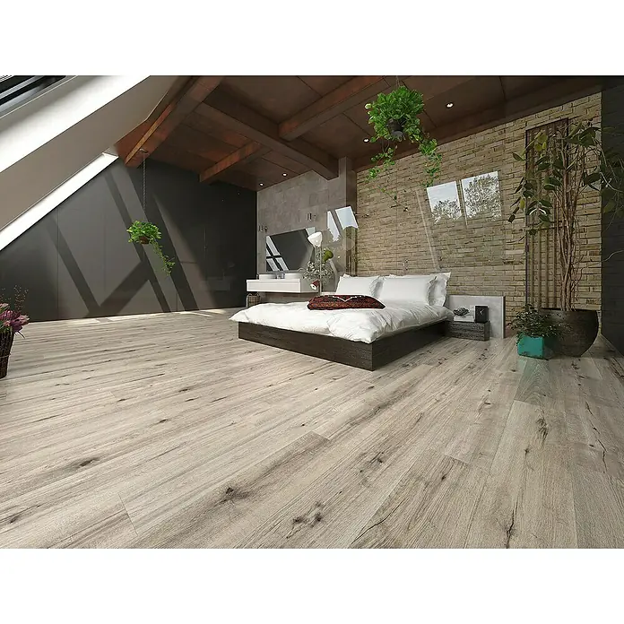 Classen Designboden Pro Nature - Taraza, Landhausdiele, 1.290 x 246 x 4 mm - Einladendes Schlafzimmer mit modernem Holzboden, der dem Raum Wärme verleiht und eine gemütliche Atmosphäre schafft. Perfekt für stilvolles Wohnen.