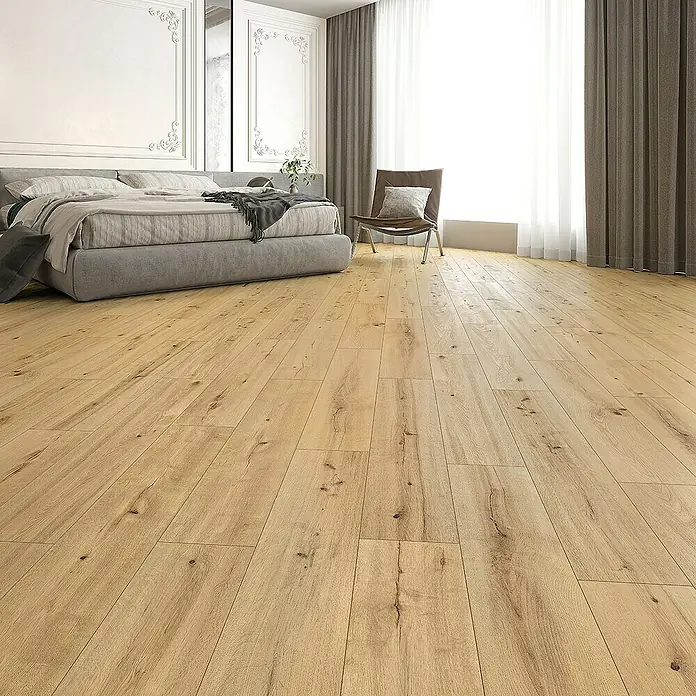 Classen Designboden Pro Nature - Mocoa, Landhausdiele, 1.290 x 246 x 4 mm - Elegantes Schlafzimmer mit hellem Holzboden, der Wärme und Natürlichkeit ausstrahlt. Das Parkett verleiht dem Raum eine moderne und gemütliche Atmosphäre.