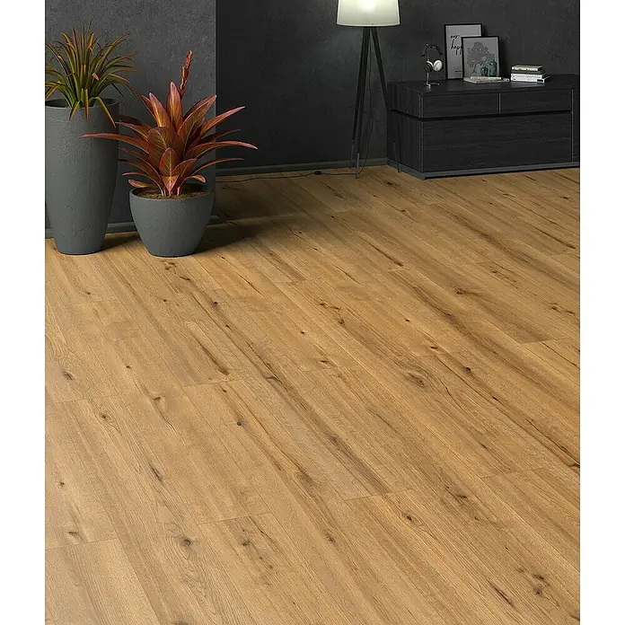 Classen Designboden Pro Nature - Bello, Landhausdiele, 1.290 x 246 x 4 mm - Bild eines hellen, holzfarbenen Laminatbodens in einem modernen Raum mit Pflanzen und dunklen Möbeln.