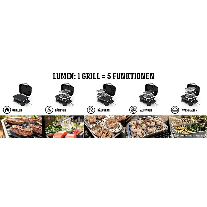 Weber Elektrogrill Lumin Compact - Grillfläche (B x T): 43 x 28 cm, 2.200 W, Schwarz - Multifunktionaler Lumin Grill mit 5 Funktionen: Grillen, Dämpfen, Räuchern, Auftauen und Warmhalten.