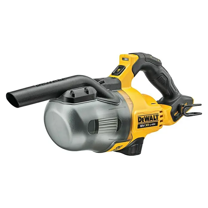 DeWalt XR 18V Akku-Handstaubsauger DCV501LN-XJ - 18 V, Ohne Akku, 0,75 l - Nahaufnahme eines gelben DeWalt 18V XR Li-Ion Akku-Staubsaugers mit transparentem Behälter und schwarzem Griff.