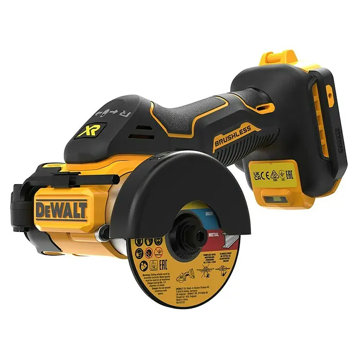 DeWalt XR 18V Akku-Winkelschleifer DCS438N-XJ - 18 V, Ohne Akku - Das Bild zeigt einen akkubetriebenen, gelb-schwarzen Trennschleifer von DeWalt. Das Gerät ist mit einer "Brushless"-Technologie ausgestattet.