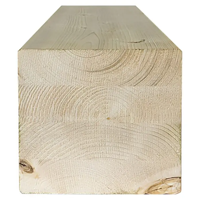 Viga de madera - L x An x Al: 300 x 12 x 12 cm, Pino, Natural - Primer plano de un poste de madera clara, mostrando la veta y los anillos de crecimiento, ideal para proyectos rústicos de construcción y diseño.