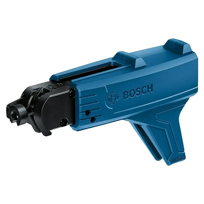 Bosch Professional Magazinvorsatz GMA 55 - Passend für: Bosch Professional Trockenbauschrauber - Nahaufnahme eines blauen Bosch-Bindedrahtautomaten, einem Elektrowerkzeug für effizientes Drahtbinden auf Baustellen.