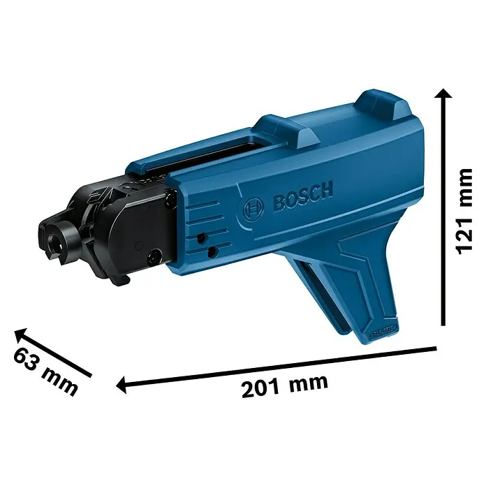 Bosch Professional Magazinvorsatz GMA 55 - Passend für: Bosch Professional Trockenbauschrauber - Detailaufnahme des Bosch MA 55 Magazinaufsatzes für Trockenbauschrauber, mit Maßangaben zu Länge, Breite und Höhe.