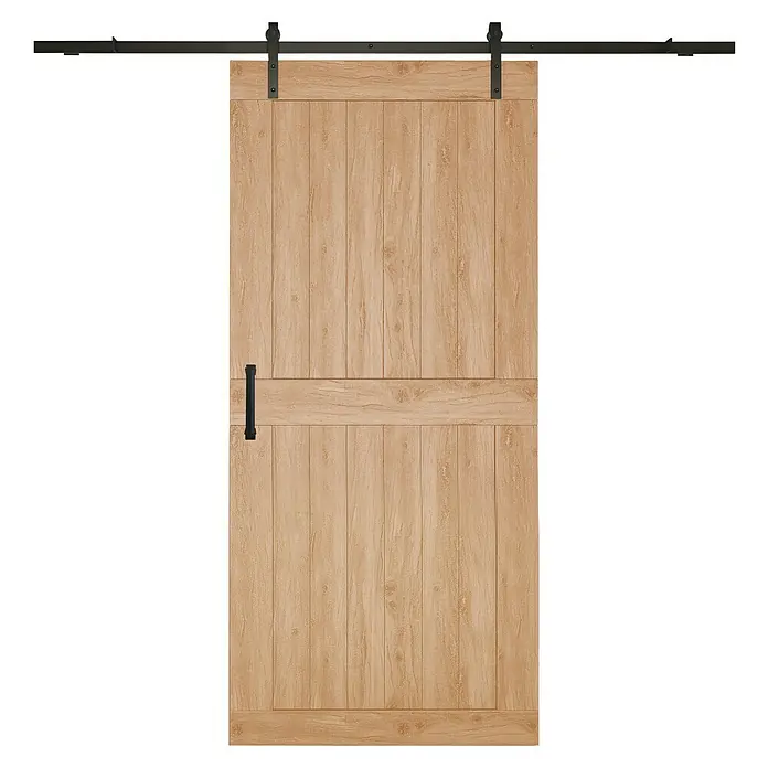 Puerta corredera de madera Harper - An x Al: 85 x 210 cm - Esta imagen muestra una puerta corredera moderna estilo granero de madera clara, completa con herrajes, que ofrece un diseño elegante y funcional.