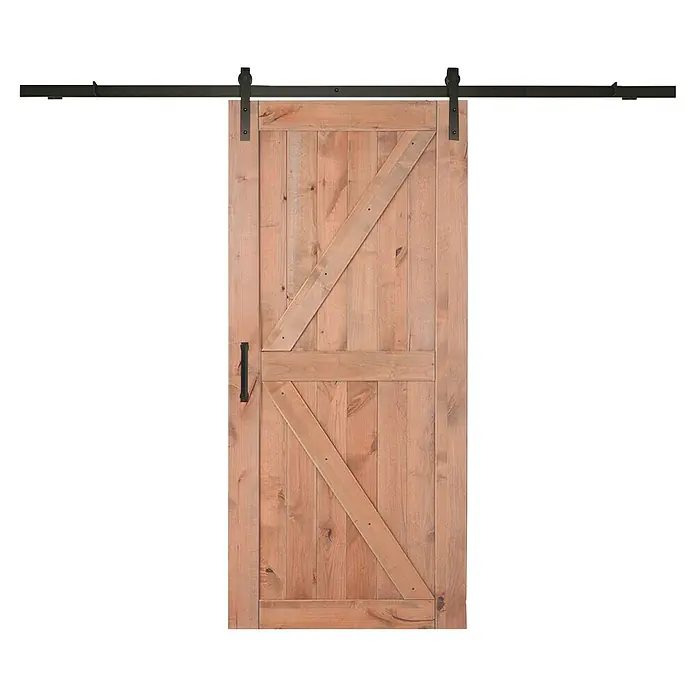 Puerta corredera de madera Grover - An x Al: 75 x 210 cm - Una puerta de granero rústica con diseño en Z y herrajes negros, ideal para espacios interiores. Veta de madera natural visible.