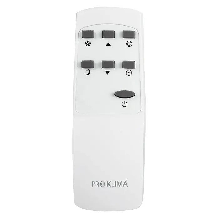 Proklima Mobiles Klimagerät WiFi - 2.000 W, Raumgröße: 20 m², Weiß/Schwarz - Die weiße ProKlima Fernbedienung mit grauen Tasten für Lüfter, Timer und Leistung, ideal zur Steuerung des Raumklimas.