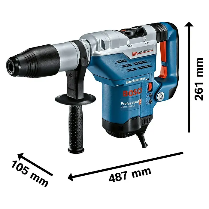 Bosch Professional Kombihammer GBH 5-40 DCE - 1.150 W, 8,8 J, SDS-Max-Aufnahme - Abbildung eines Bosch GBH 5-40 DCE Bohrhammers mit Abmessungen.