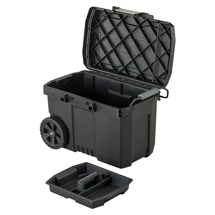 Stanley Aufbewahrungs- & Transportbox - L x B x H: 620 x 400 x 420 mm, Kunststoff - Bild einer schwarzen Werkzeugkiste mit Rädern und herausnehmbarem Einsatz. Der Koffer ist geöffnet und leer.