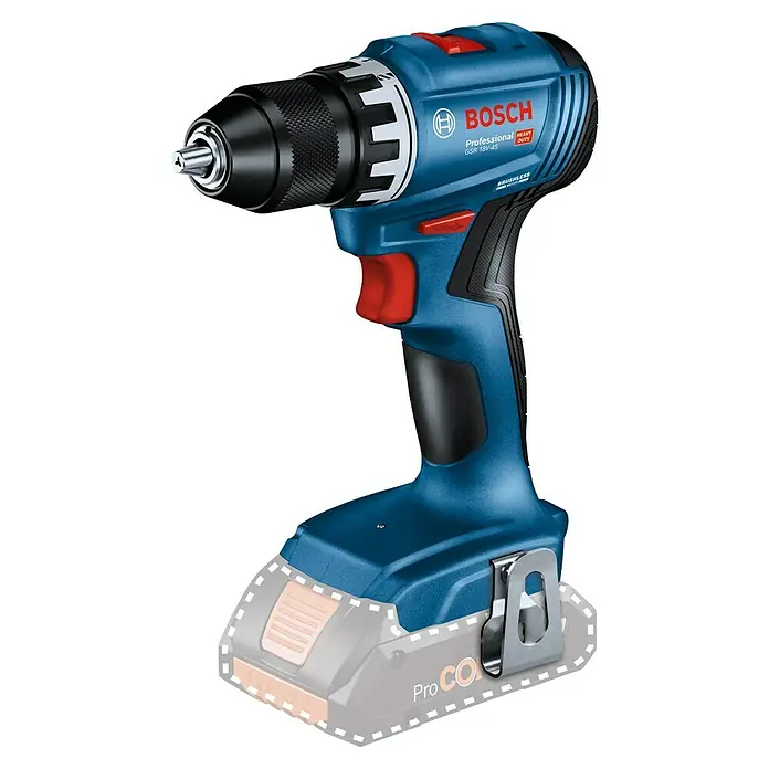 Bosch Professional AMPShare 18V Akku-Bohrschrauber GSR 18V-45 - 18 V, Ohne Akku, 45 Nm, Inkl. L-BOXX 136 - Akkubohrschrauber GSR 18V-45 Professional von Bosch in Blau und Schwarz mit rotem Auslöser.