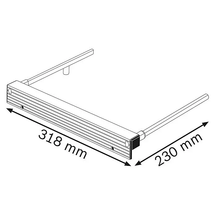 Bosch Professional Parallelanschlag - Passend für: Bosch Professional Tauchsägen - Technische Zeichnung einer ausziehbaren Kleiderstange aus Metall, 318 mm breit und 230 mm tief.