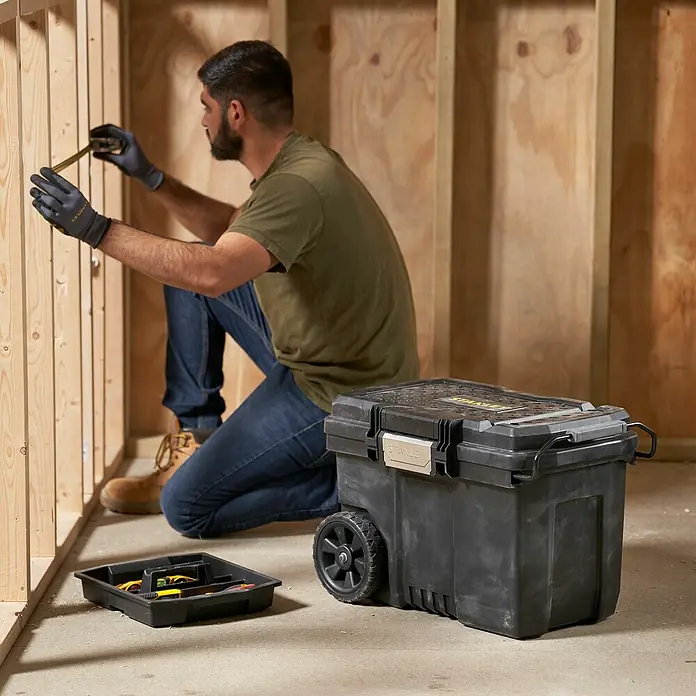 Stanley Aufbewahrungs- & Transportbox - L x B x H: 620 x 400 x 420 mm, Kunststoff - Der schwarze STANLEY Werkzeugkasten mit Rädern ist auf dem Boden abgestellt, während ein Mann im Hintergrund arbeitet.