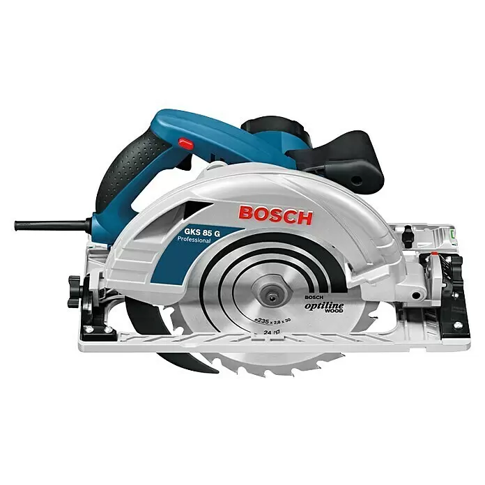 Bosch Professional Handkreissäge GKS 85 G - 2.200 W, Durchmesser Sägeblatt: 235 mm - Bosch GKS 85 G Professional Kreissäge mit silbernem Gehäuse, blauem Griff und sichtbarem Sägeblatt, bereit zum Schneiden.