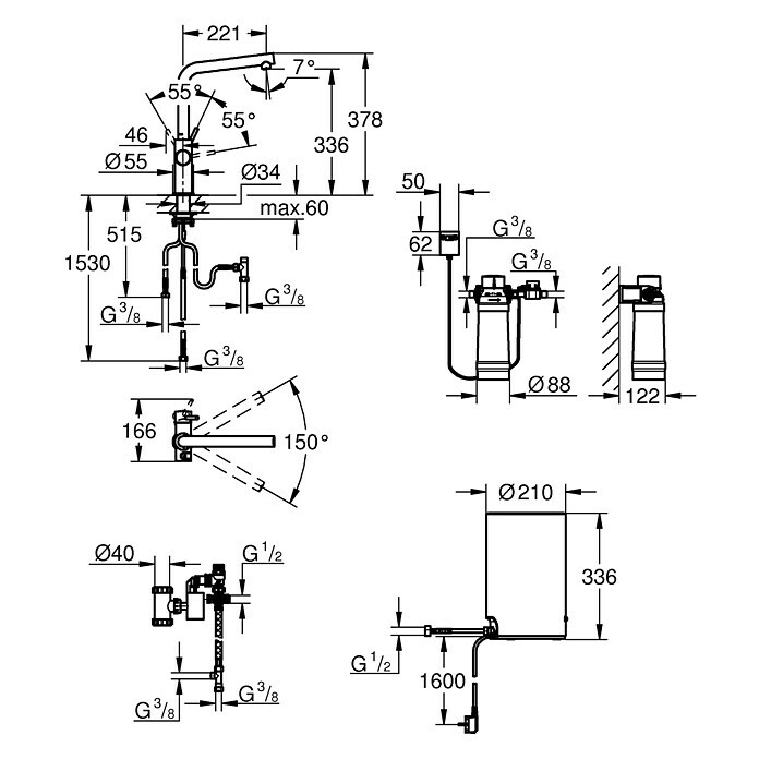 Grohe Spültischarmatur Red II DuoL-Auslauf, Boiler: Größe M, Chrom Front View