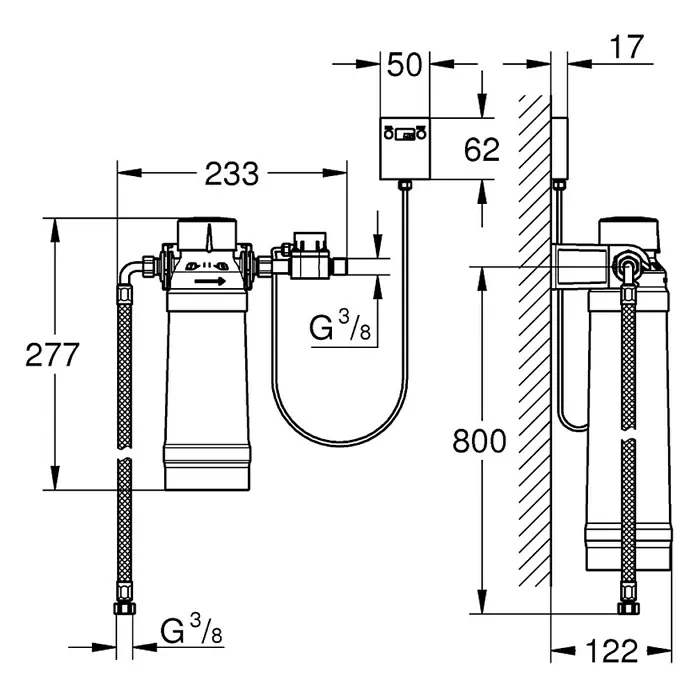 Grohe Filter-Set Red - Mit Filterkopf, Blau/Weiß - Schematische Darstellung einer Wasserfilteranlage mit Maßen und Anschlüssen.