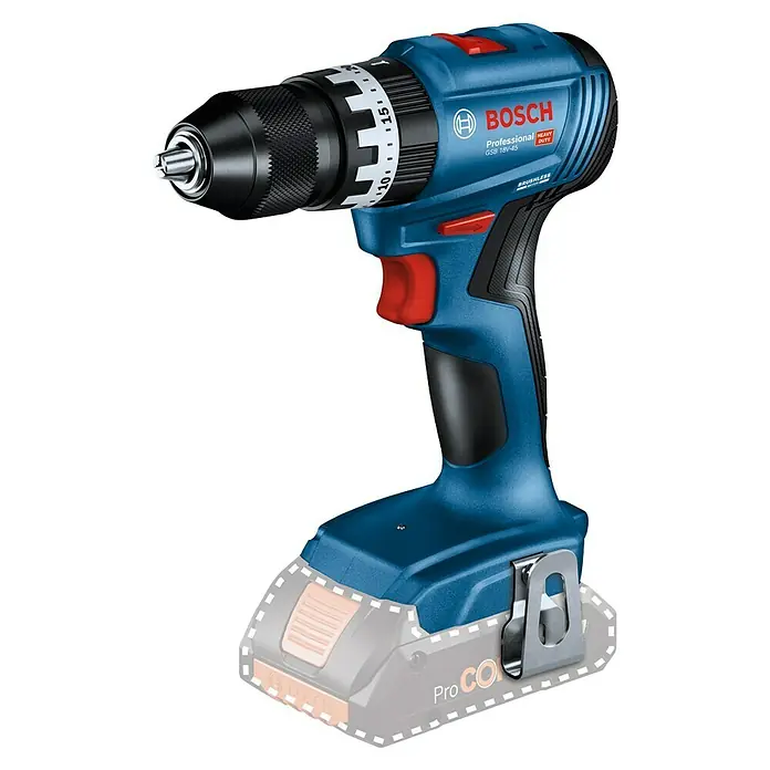 Bosch Professional AMPShare 18V Akku-Schlagbohrschrauber GSB 18V-45 - 18 V, Ohne Akku, 45 Nm, Ohne Zubehör - Nahaufnahme eines Bosch GSB 18V-45 Akku-Schlagbohrschraubers mit blauem Gehäuse und rotem Auslöser, der sich ideal für schwere Arbeiten eignet.
