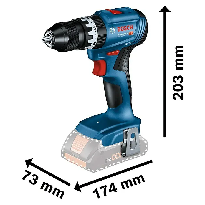 Bosch Professional AMPShare 18V Akku-Schlagbohrschrauber GSB 18V-45 - 18 V, Ohne Akku, 45 Nm, Ohne Zubehör - Abbildung des Bosch GSB 18V-45 Akku-Schlagbohrschraubers mit den Abmessungen 203 mm Höhe, 174 mm Länge und 73 mm Breite.