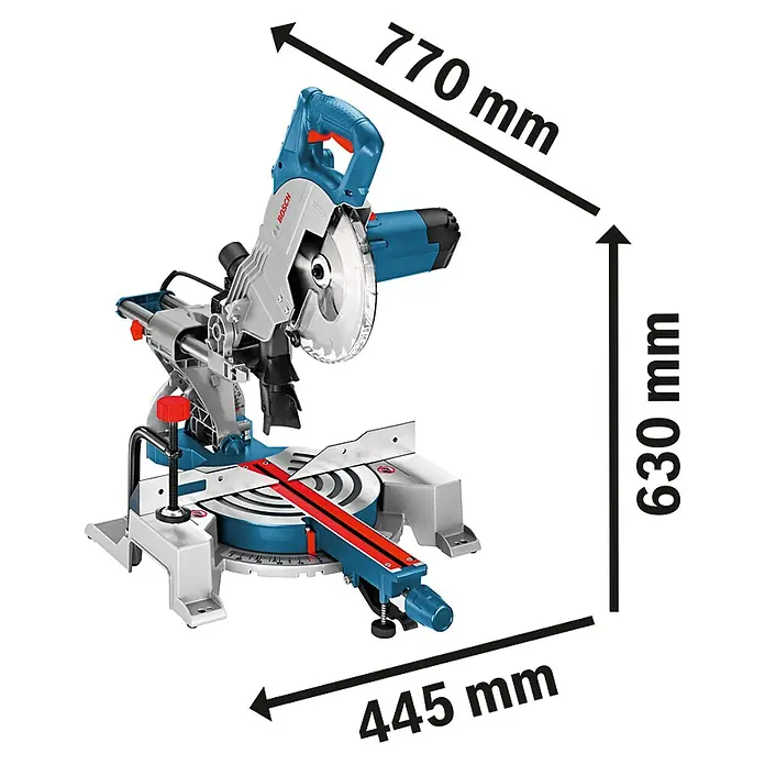 Bosch Professional Paneelsäge GCM 80 SJ - 1.400 W, Durchmesser Sägeblatt: 216 mm - Abbildung einer Bosch Kapp- und Gehrungssäge mit Maßangaben, die die Größe der Säge veranschaulichen.