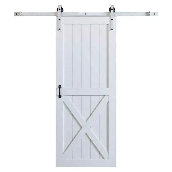 Puerta corredera de madera Avery - An x Al: 85 x 210 cm - Puerta de granero blanca con diseño en forma de X y un tirador negro, suspendida de una guía metálica con rodillos.