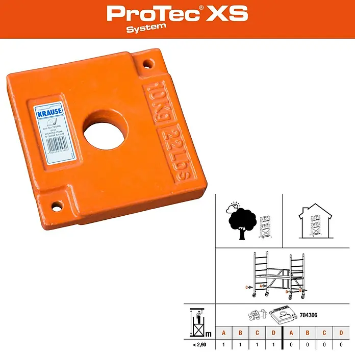 Krause ProTec XS Klappgerüst - Arbeitshöhe: 2,9 m, Belastbarkeit Plattform: 240 kg - Produktbild des Protec XS Systems, das ein orangefarbenes Gewicht von 10 kg/22 lbs zeigt, das für zusätzliche Stabilität bei Gerüsten verwendet wird.