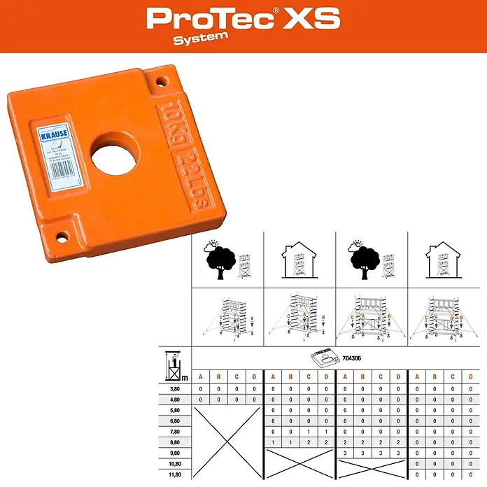 Krause ProTec XS Klappgerüst - Arbeitshöhe: 11,8 m, Belastbarkeit Plattform: 240 kg - Krause ProTec XS System: Eine orangefarbene Gewichtsauflage mit Montageanleitung für Gerüstsysteme.
