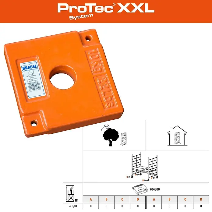 Krause ProTec XXL Rollgerüst Breitaufbau - Arbeitshöhe: 2,9 m, Belastbarkeit Plattform: 480 kg - Produktbild: Orangefarbenes ProTec XXL-Systemgewicht, 10 kg, mit Montageanleitung und technischen Daten für sichere Gerüstkonfigurationen.