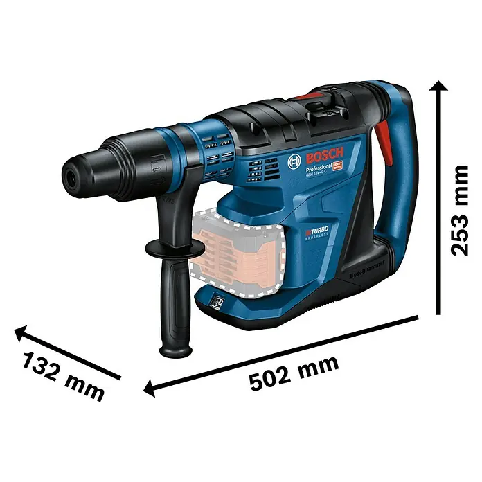 Bosch Professional AMPShare 18V Akku-Kombihammer GBH 18V-40 C - 18 V, Ohne Akku, 9 J - Abgebildet ist ein blauer Bosch GBH 18V-40 C Bohrhammer mit Abmessungen, der für professionelle Anwendungen entwickelt wurde.